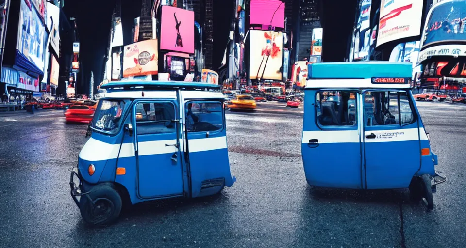 Image similar to a blue and white tuk tuk in times square, night, lofi, rainy day, mood, octane render, light leaks 4 k premiere pro, hyper realistic -