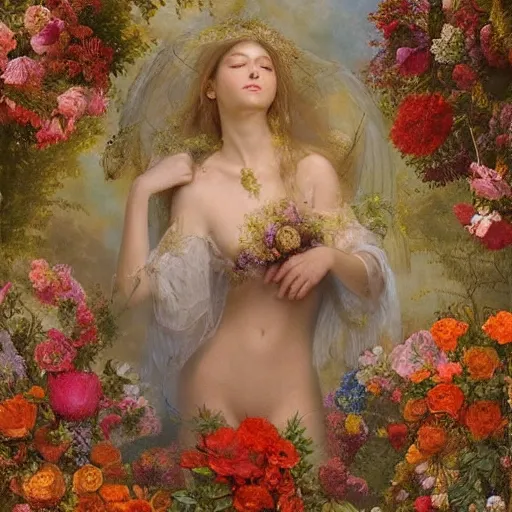 Prompt: ordered garfield by eugene von guerard, by william oxer. this digital art is a large canvas, covered in a wash of color. in the center is a cluster of flowers, their petals curling & twisting in on themselves. the effect is ethereal & dreamlike, & the overall effect is one of serenity & peace.