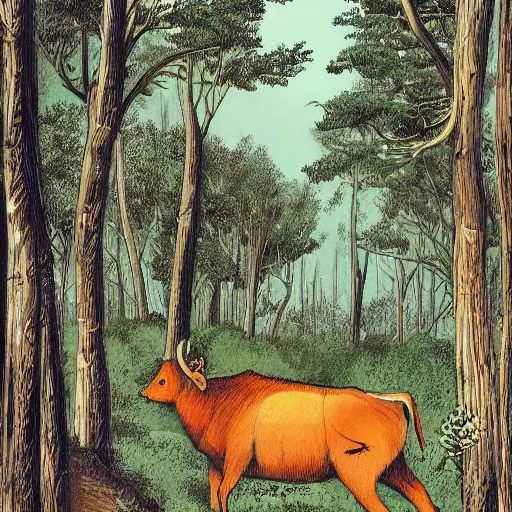 Image similar to an aurochs walking though a forest. illustration. nature illustration. textbook illustration.