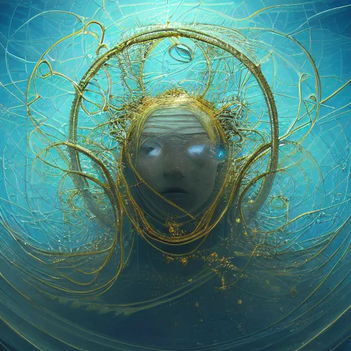 Image similar to A beautiful surreal illustration of the human faith ,very thin tendrils of gold,quartz balls, light pulse, highly detailed, cinematic light, lasers, atoms, blue light, liquid,windblow, Ellen Jewett, Doug Chiang, Gustave Dore, Leonardo da Vinci, trending on Artstation, industry, lucid and intricate, rectilinear, digital art, Octane, redshift, vray,8k, 64 megapixels, ZBrush Central, behance HD, hypermaximalist,well rendered:1:1:1