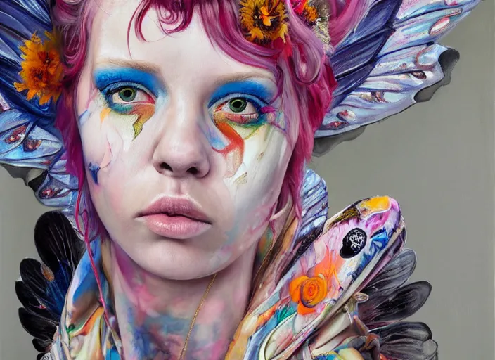 Image similar to a painting by martine johanna of a fairy with big wings wearing a hoodie standing in a township street in the style of jenny saville, street fashion outfit, haute couture fashion shoot, full figure painting by david choe and jeremy mann, decorative flowers, 2 4 mm, die antwoord yolandi visser