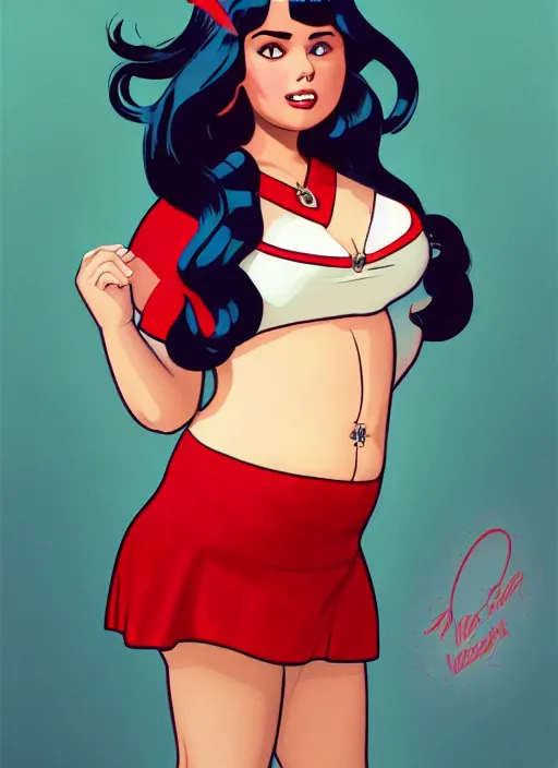 Image similar to full body portrait of teenage veronica lodge, obese, bangs, sultry, realistic, sultry smirk, wavy hair, red skirt, fat, belly, intricate, elegant, glowing lights, highly detailed, digital painting, artstation, concept art, smooth, sharp focus, illustration, art by wlop, mars ravelo and greg rutkowski