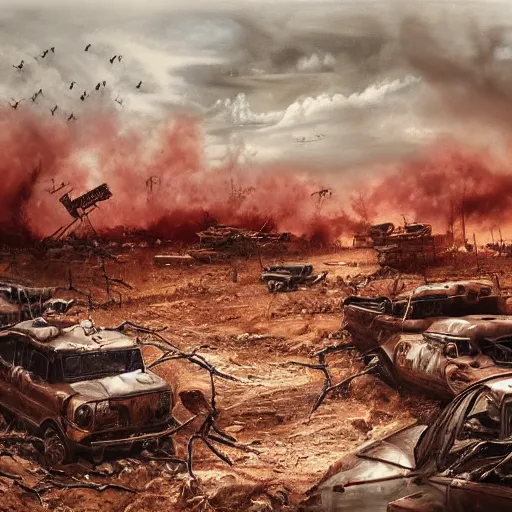 Image similar to hyper realism, realistic apocalyptic war scene, brown and red tones