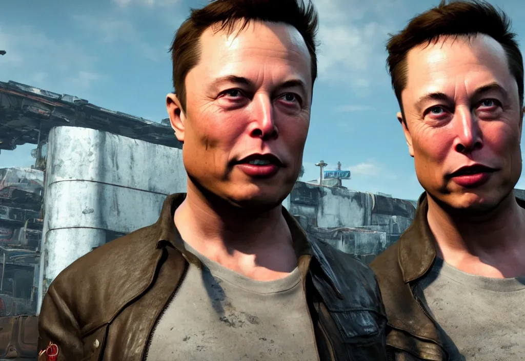 Image similar to elon musk in the video game in fallout 4, apocalyptic wastland, close up, 3 d rendering. unreal engine. amazing likeness. very detailed.