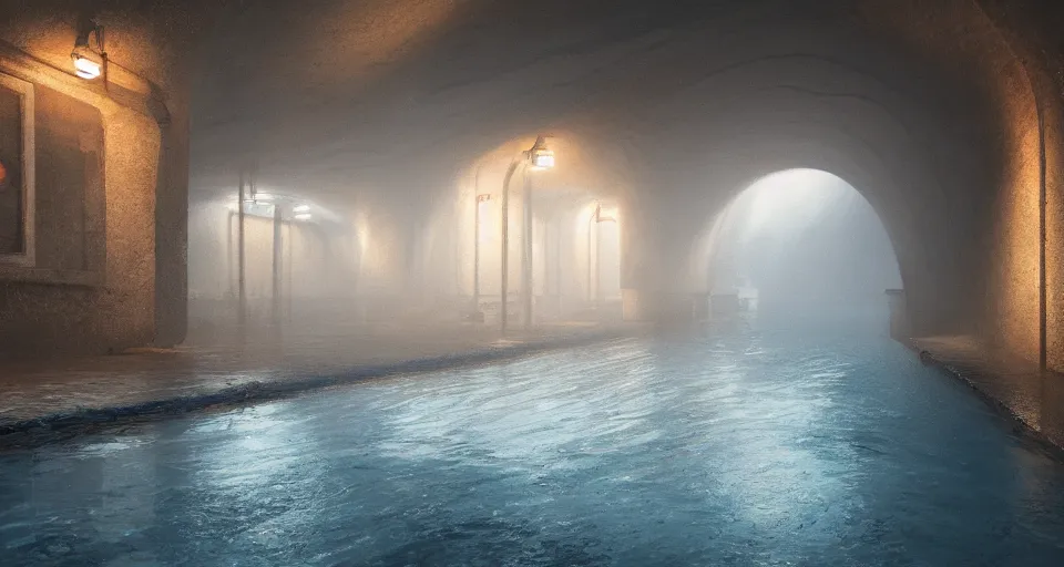 Prompt: a beautiful landscape painting, a single lane tunnel with overhead lights, water running down the walls and pooling, by sam guay, moody lighting, hyperrealism, 4 k, octane render