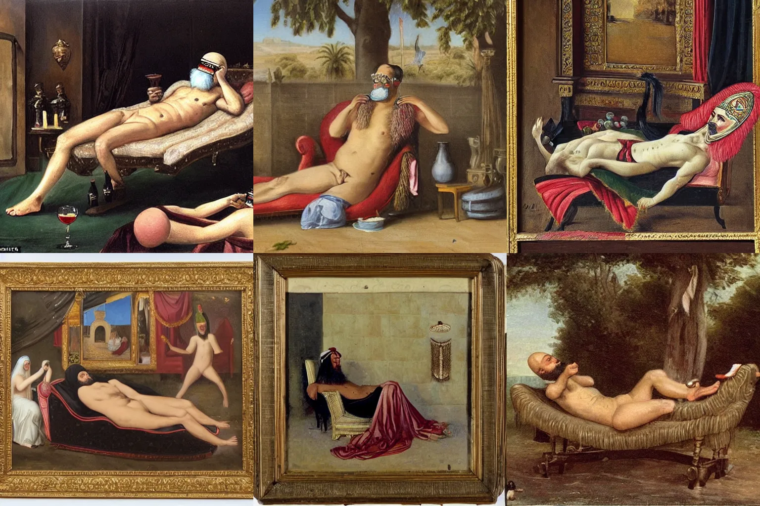 Prompt: a victorian painting of al-Zawahiri lying shirtless on a chaise longue eating grapes while pig-masked slaves cool him with fans made out of ostrich feathers