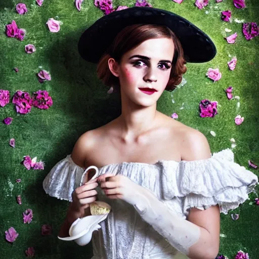 Prompt: painting on washed out on worn out canvas rough textured canvas wall full body fashion model emma watson smokey eyes makeup eye shadow fantasy, glow, shimmer as victorian woman in a long white frilly lace dress and a large white hat having tea in a sunroom filled with flowers, roses and lush fern flowers ,intricate, night, highly detailed, dramatic lighting , high quality