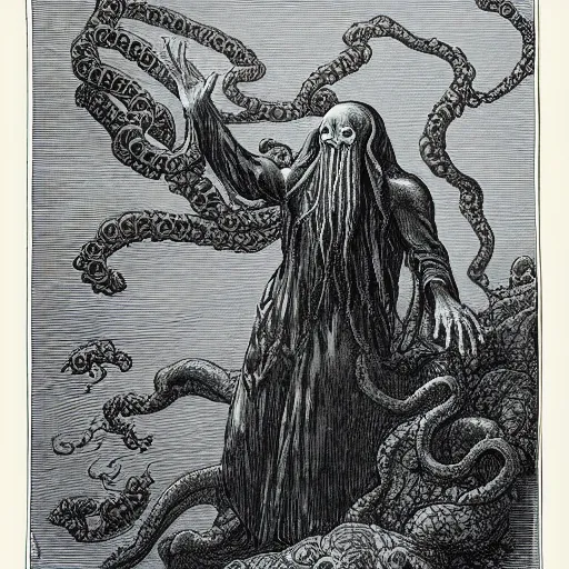 Image similar to a traditional portrait of cthulhu, night, clouds, illustration by Gustave Doré