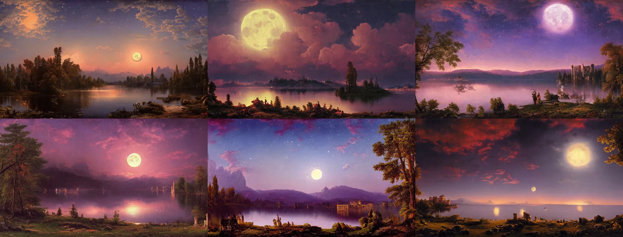 Prompt: picturesque moonrise at a Central European mountain lake with citadel ruins, magenta night sky with stars and translucent clouds, oil on canvas by Ivan Shishkin, award-winning digital art by Capcom on Pixiv, trending on Artstation