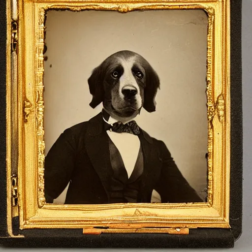 Prompt: victorian era formal portrait photograph of a golden retriever