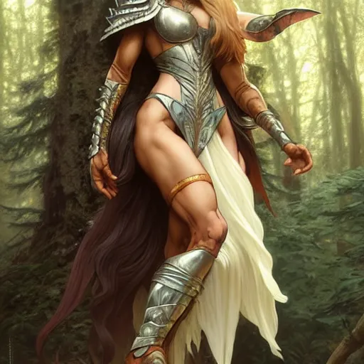 Image similar to long shot photo of a humanoid female she - wolf with wolf head were a heroic dress an armour in the forest, long hair, highly detailed, digital painting, artstation, smooth, sharp focus, illustration, art by artgerm and greg rutkowski and alphonse mucha