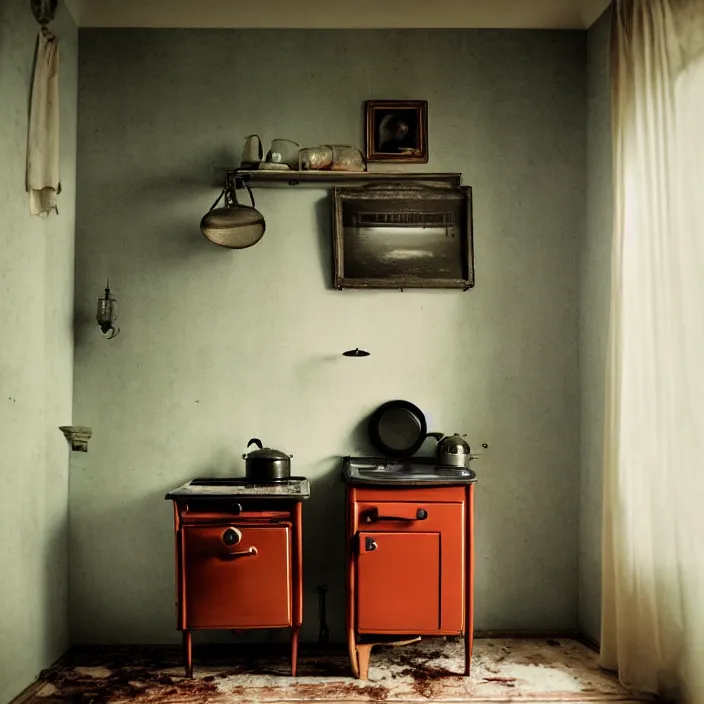 Image similar to kodak portra 4 0 0, wetplate, fisheye, award - winning portrait by britt marling, 1 9 2 0 s kitchen, ghost, picture frames, shining lamps, dust, smoke, 1 9 2 0 s furniture, wallpaper, carpet, books, muted colours, wood, fog,