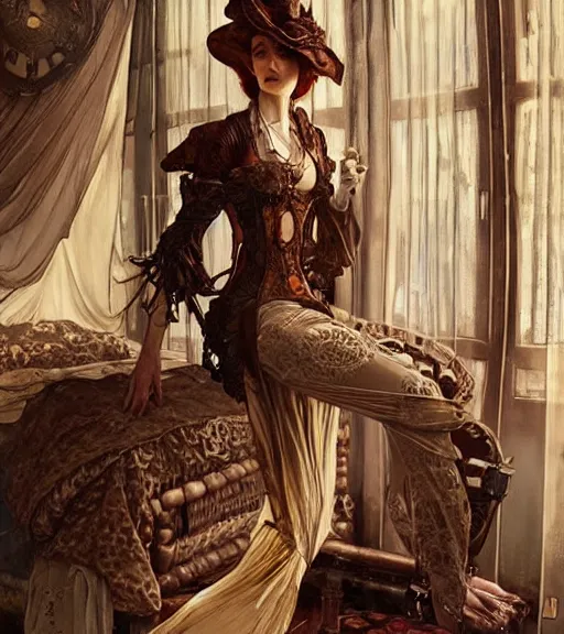 Prompt: woman model, intricate steampunk clothes, in a bedroom!!!!!!!!!!!!!!!!!!!!, modern, elegant, highly detailed, digital painting, artstation, concept art, smooth, sharp focus, illustration, art by krenz cushart and artem demura and alphonse mucha
