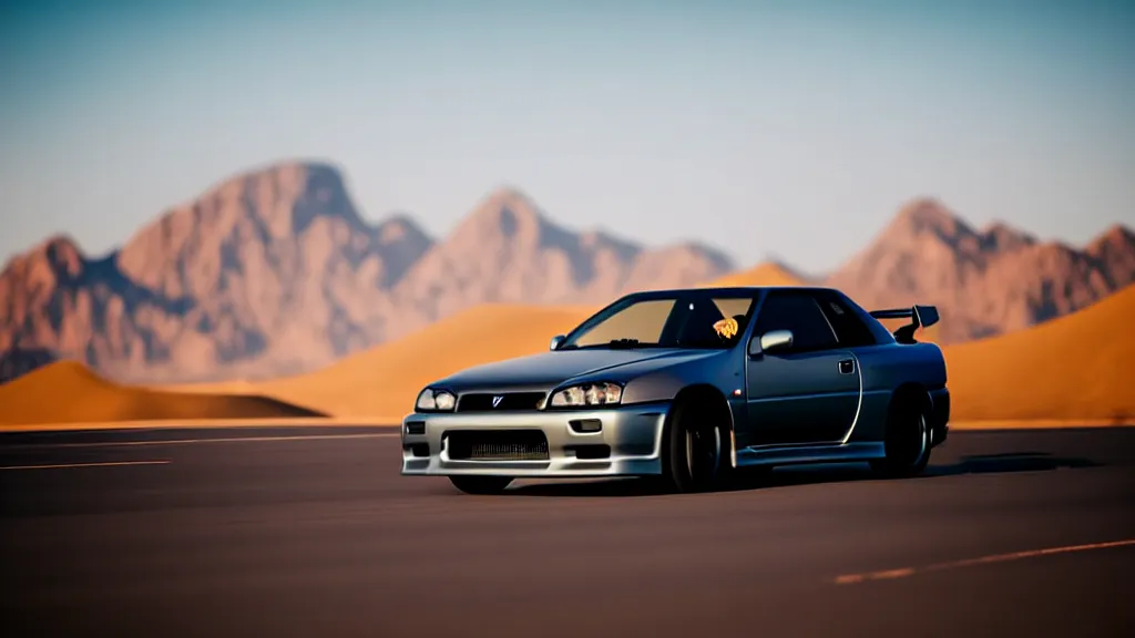 Image similar to three quarter front photo of a stock dark grey nissan r 3 2 skyline gtr on a road in a desert with a mountain in the background in the early morning, car photography, zoom lens, blue hour, photorealistic