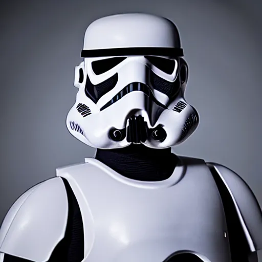 Image similar to a realistic photography of a storm trooper looking like a samurai, studio lighting