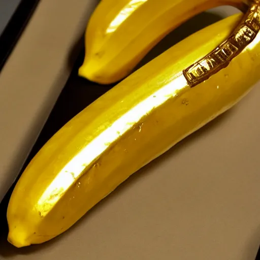 Prompt: A 24 karat gold plated banana on display at an auction.