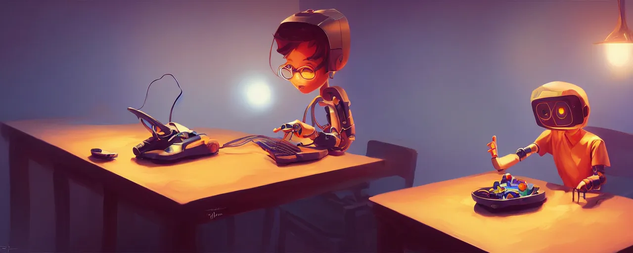 Prompt: excited young programmer, robot details on table, digital art, behance hd by jesper ejsing, by rhads, makoto shinkai and lois van baarle, ilya kuvshinov, global illumination.