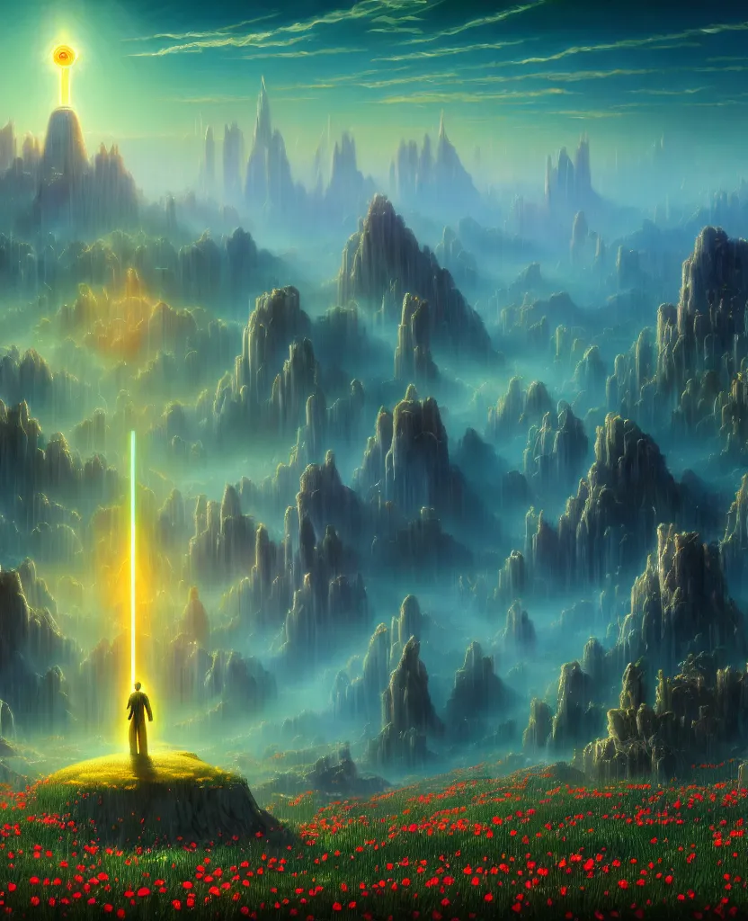 Prompt: spiritual evolution by albert bierstadt, anime cgsociety flowers nature bio shock at dawn at dusk meadow tron matte painting studio ghibli alien futuristic cosmic poppy wilderness fantasy liberty city bladerunner 2 0 4 9 fisheye azeroth, archdaily, wallpaper, highly detailed, trending on artstation.