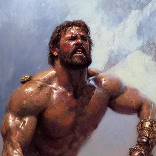 Image similar to Gladiator, muscular, detailed face, correct face, painting by Gaston Bussiere, Craig Mullins