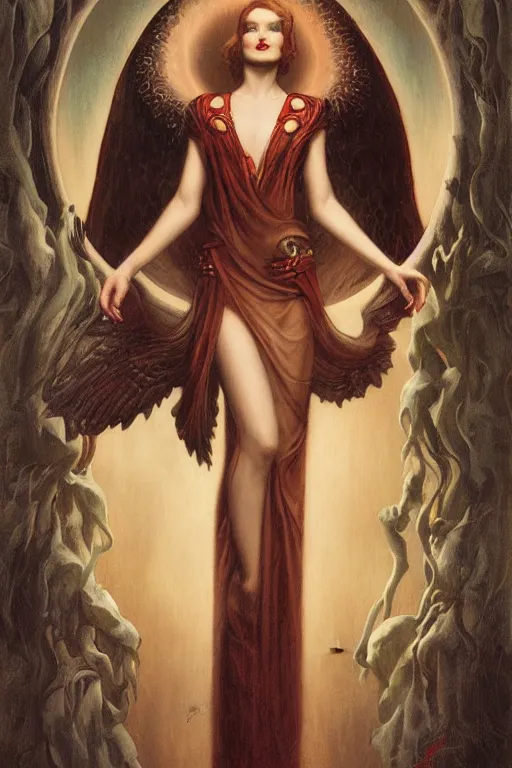 Image similar to Lucifer by Tom Bagshaw in the style of Gaston Bussière, art nouveau, art deco