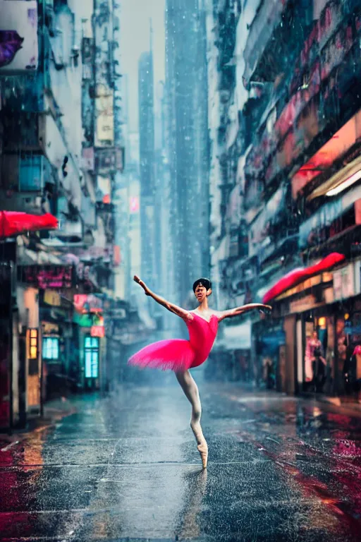 Prompt: a dynamic photograph of a ballet dancer in a wet, dystopic Hong Kong bladerunner street. Realism.