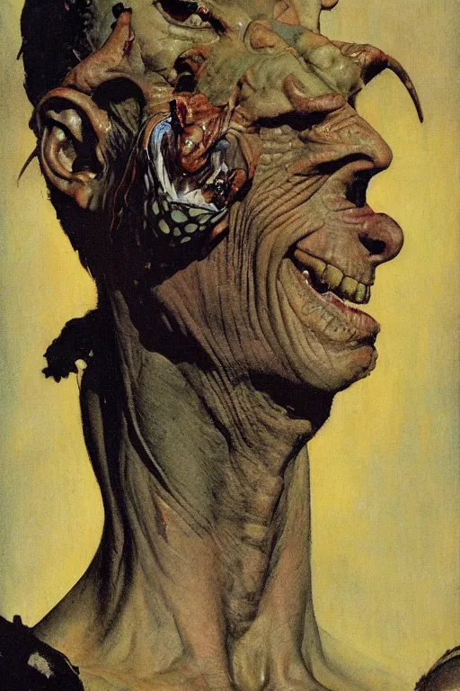 Prompt: upper body and head portrait of lizard man, by norman rockwell, roberto ferri, daniel gerhartz, edd cartier, jack kirby, howard v brown, ruan jia, tom lovell, frank r paul, jacob collins, dean cornwell, 5 0 s pulp scifi fantasy illustration