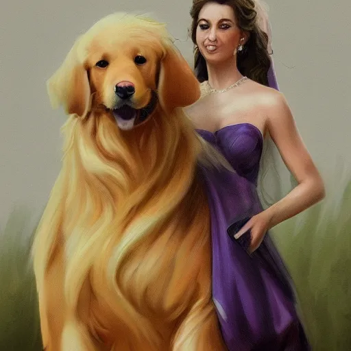 Image similar to woman in a wedding dress riding a giant golden retriever, trending on art station