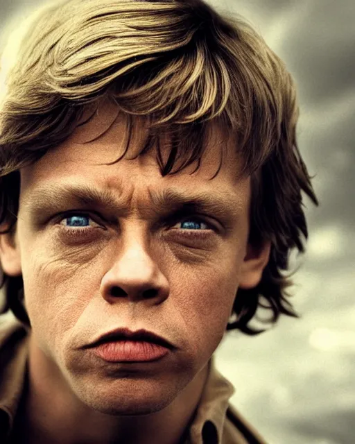 Image similar to very low angle high quality hyper realistic portrait of young mark hamill portraying luke skywalker, dark dramatic lighting, portrait realistic and insanely detailed, great composition, 8 k