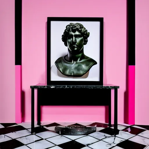Prompt: a greco - roman marble bust sits on a pink and black checkerboard tile floor, a pink wall in the background with a framed photo of a cityscape at night