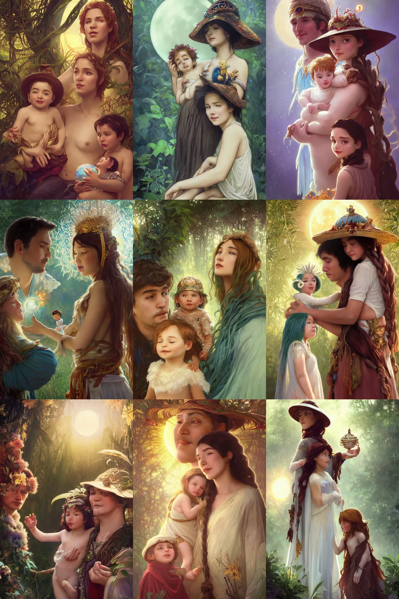 Prompt: a cinematic portrait of a beautiful family photograph close up moment of a young sun god and moon goddess magician family with child, portrait, wearing sunhat mushroomcore, jungle Frozen Klaus film, digital painting, artstation, concept art, illustration, Frozen II art masterpiece by art by Krenz Cushart, Artem Demura, alphonse mucha, yoji shinkawa, ArtGerm, Jon Lothian, Danilo Torres, Adi Meyers, Thomas Reimann, Gaston Bussiere