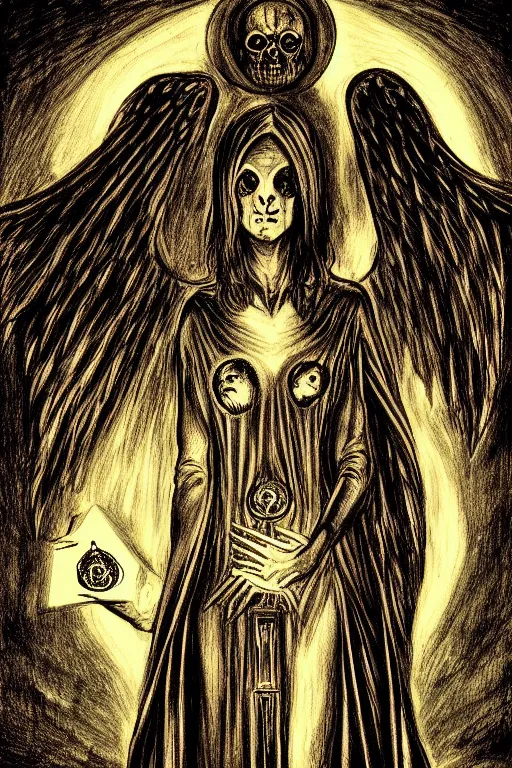 Prompt: dark angel holding a book of necronomicon, tarot card, illustration by aleister crowley, symmetrical, cinematic, sharp focus, 4 k, ultra hd, sense of awe, sinister demonic atmosphere, dreadful, forbidden knowledge, old gods. demonology