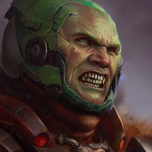 Image similar to the doomguy as a realistic d & d fantasy character, closeup portrait art by donato giancola and greg rutkowski, vintage retro, realistic face, digital art, trending on artstation, symmetry!!