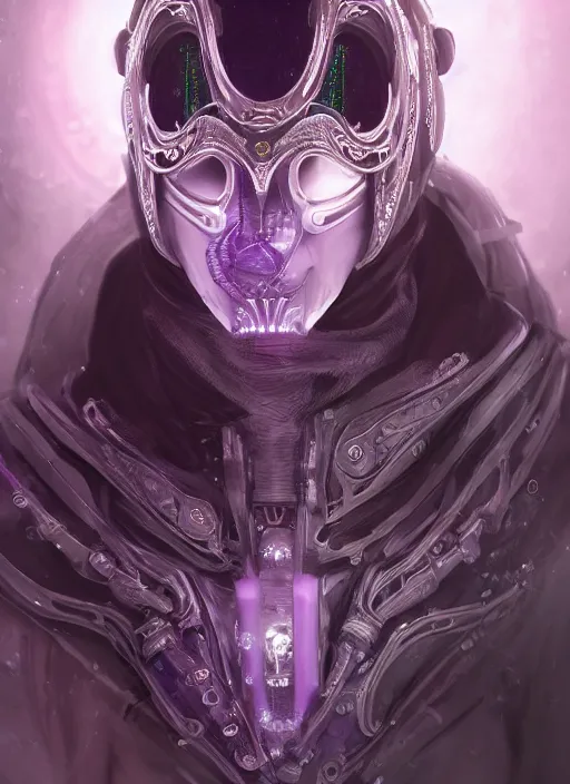 Image similar to a handsome male ornate cyborg with a white techwear mask, purple garment with art nouveau ivory accessories, dressed in black intricate lace and jewels, ethereal, misty, cyberpunk, darksynth, luxury, concept art by zeen chin, extremely detailed, artstation, andree wallin, edvige faini, alphonse mucha, 8 k, unreal engine 5