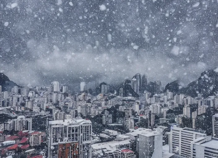 Image similar to rio de janeiro pao de acucar's view, city snowing with a lot of snow, medium shot, photography award photo, 4 k