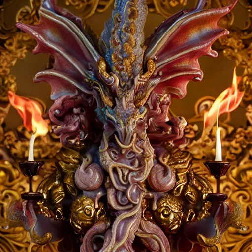 Image similar to a closeup photo, rococo alabaster and ruby real delicate ceramic porcelain sculpture of an ornate detailed dragon god in front of an intricate background by rafael, micro detail, backlit lighting, subsurface scattering, translucent, thin porcelain, fire, flames, amber, octane renderer, colorful, physically based rendering, trending on cgsociety