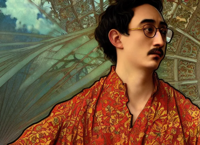 Image similar to Filthy Frank wearing red luxuruous hawaiian vintage shirt, rule of thirds, accurately portrayed, portrait art by alphonse mucha and greg rutkowski, highly detailed, digital painting, concept art, illustration, ethereal lighting with twilight rays of sunlight, trending on artstation, very detailed, smooth, sharp focus, octane render, close up