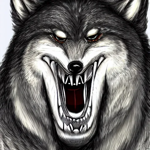 Image similar to SCP wolf. Photorealistic. Bloody teeth.