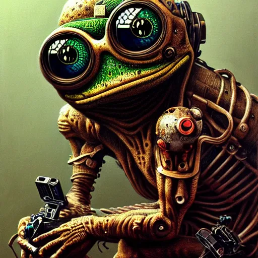 Prompt: ultra realist intricate detailed horror portrait of pepe frog, cyborg tech on body and legs, accurate features, cyberpunk, industrial, apocalyptic, very intricate details, focus, high resolution, 8 k resolution, dramatic lighting, artstyle alex ries and zdzisław beksinski, award winning