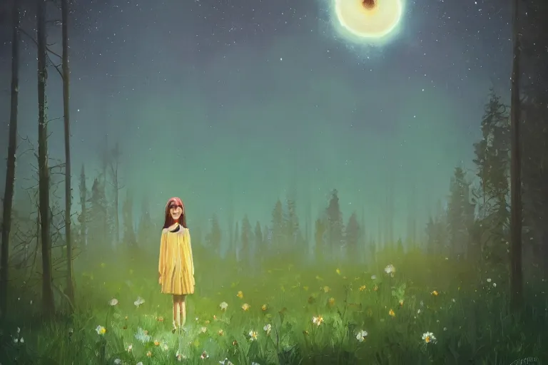 Image similar to giant daisy flower as face, girl standing in forest, surreal photography, dark night, stars, moon light, impressionist painting, clouds, digital painting, artstation, simon stalenhag