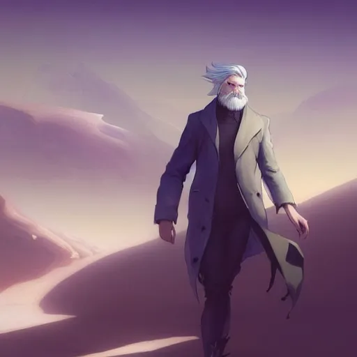 Image similar to a man with stylish white hair,an unusual beard and yellow eyes walking in a desert,character design by charlie bowater, ross tran, artgerm, and makoto shinkai, detailed, inked, western comic book art, 2021 award winning painting,digital art,art by greg rutkowski,photorealistic,highly detailed,hyperdetailed,hyperrealistoc,detailed face,surreal,fantasy,real life