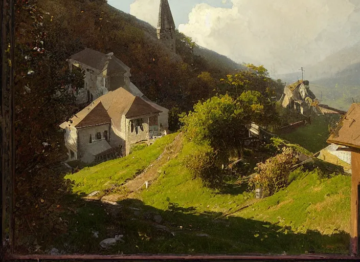 Image similar to from an upstairs window, looking up steep slope, road to church atop hill, playing fields to the right, small stone buildings, carl spitzweg, david curtis, morgan weistling, jim beckner, michael alford, craig mullins, jeremy mann