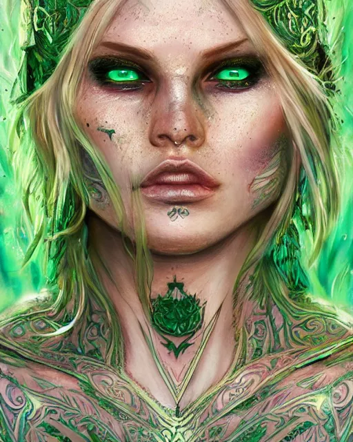 Prompt: a close - up of tattooed blonde russian female warrior wearing a magical emerald leotard in a magical forest, hyper realistic face, green eyes, fantasy art, in the style of greg rutkowski, illustration, epic, fantasy, intricate, hyper detailed, artstation, concept art, smooth, sharp focus, vibrant