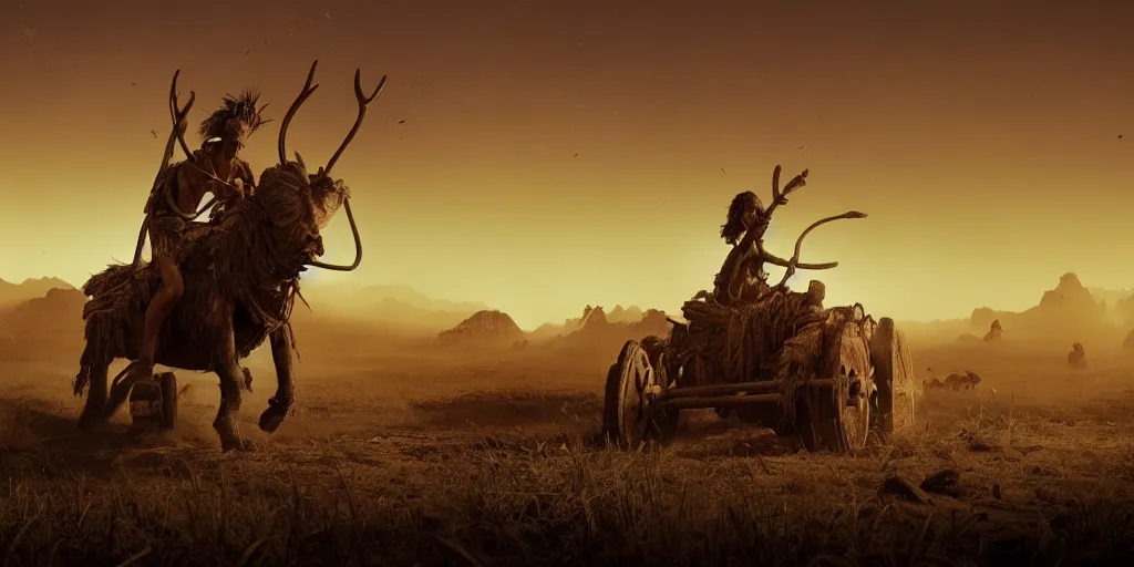 Image similar to photo of an ancient tribesman on ancient atv with wooden wheels, hunting buffalo ,attacking, chase, action scene, an epic fantasy, dramatic lighting, cinematic, establishing shot, extremely high detail, photorealistic, cinematic lighting, artstation, octane render, by simon stalenhag, horizon forbidden west,old photo, high speed photography, vintage
