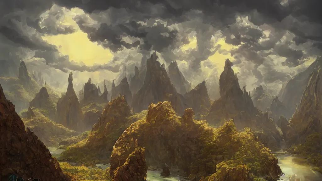 Image similar to high fantasy landscape, in a style blend of kunstler and leyendecker and rockwell, fine art, volumetric lighting, intricate details