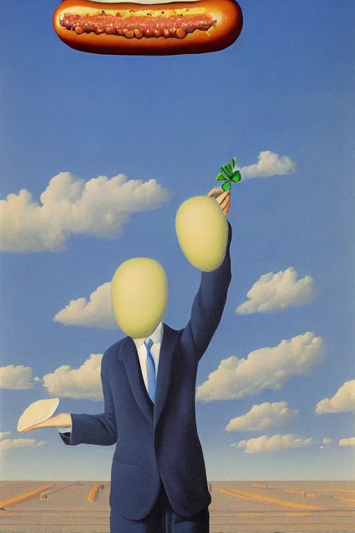 Image similar to Rene Magritte's Son Of Man painting with a floating hotdog blocking the face, the hotdog has a stem and leaves