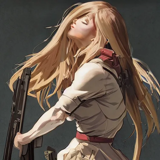 Image similar to soldier girl, anatomy, ground explosion, anime style, long hair, hair down, symmetrical facial features, under heavy fire, hyper realistic, pale skin, 4 k, rule of thirds, extreme detail, detailed drawing, trending artstation, hd, fantasy, d & d, realistic lighting, by alphonse mucha, greg rutkowski, sharp focus, backlit, soldier cloth