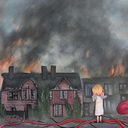 Prompt: young girl watching an old victorian house burning, the background burning houses, destroyed churches, and red ribbons fly into the black sky, Art by Sandra Pelser, surreal