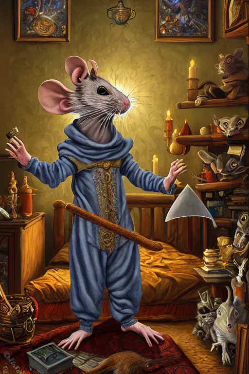Prompt: classic oil painting, anthropomorphic rat dressed in medieval pajamas, as a dnd character, inside a cluttered bedroom, comfy, highly detailed, digital illustration, concept art, smooth, sharp focus, art by alex grey and james gurney, mystic, fractals, fog