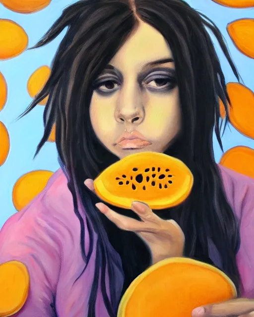 Prompt: a painting of an emo teenager with cantaloupe vibes.