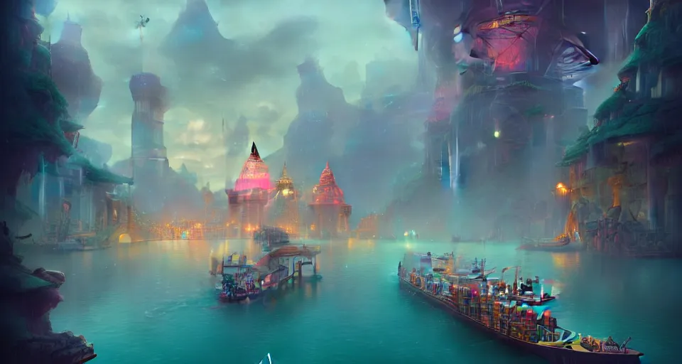 Image similar to an amusement park boat ride with pastel colors by peter mohrbacher, vivid colors, matte painting, 8K, concept art, mystical color scheme, trending on artstation